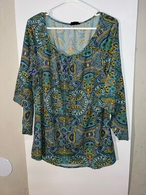 Tacera Teal and Yellow Paisley Scoop-Neck Tunic